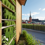 **

"Modern eco-friendly house exterior, built with sustainable materials like bamboo and recycled plastic, featuring a vertical garden wall, sunny day, Stockholm cityscape in the background, Scandinavian design."

**
