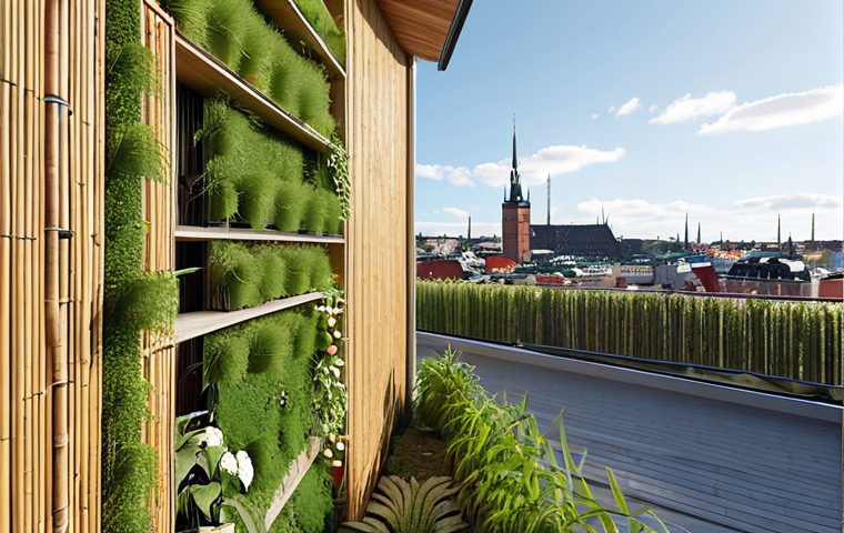 **

"Modern eco-friendly house exterior, built with sustainable materials like bamboo and recycled plastic, featuring a vertical garden wall, sunny day, Stockholm cityscape in the background, Scandinavian design."

**