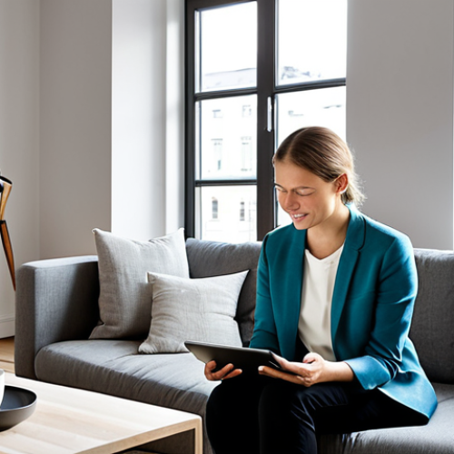 Home 6 A professional woman, fully clothed in modest, comfortable attire, is seated on a stylish grey sofa in a modern Swedish living room. She holds a tablet, displaying a vivid 360-degree virtual tour of a bright, spacious apartment in Stockholm. A steaming cup of coffee rests on a nearby minimalist coffee table. Subtle digital overlays float around the tablet, suggesting personalized property recommendations and data analysis. The scene is well-lit by natural light streaming through a large window, creating a serene and focused atmosphere. Safe for work, appropriate content, fully clothed, modest clothing, perfect anatomy, correct proportions, natural pose, well-formed hands, proper finger count, natural body proportions, professional photography, high quality, family-friendly.