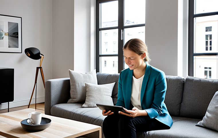 A professional woman, fully clothed in modest, comfortable attire, is seated on a stylish grey sofa in a modern Swedish living room. She holds a tablet, displaying a vivid 360-degree virtual tour of a bright, spacious apartment in Stockholm. A steaming cup of coffee rests on a nearby minimalist coffee table. Subtle digital overlays float around the tablet, suggesting personalized property recommendations and data analysis. The scene is well-lit by natural light streaming through a large window, creating a serene and focused atmosphere. Safe for work, appropriate content, fully clothed, modest clothing, perfect anatomy, correct proportions, natural pose, well-formed hands, proper finger count, natural body proportions, professional photography, high quality, family-friendly.